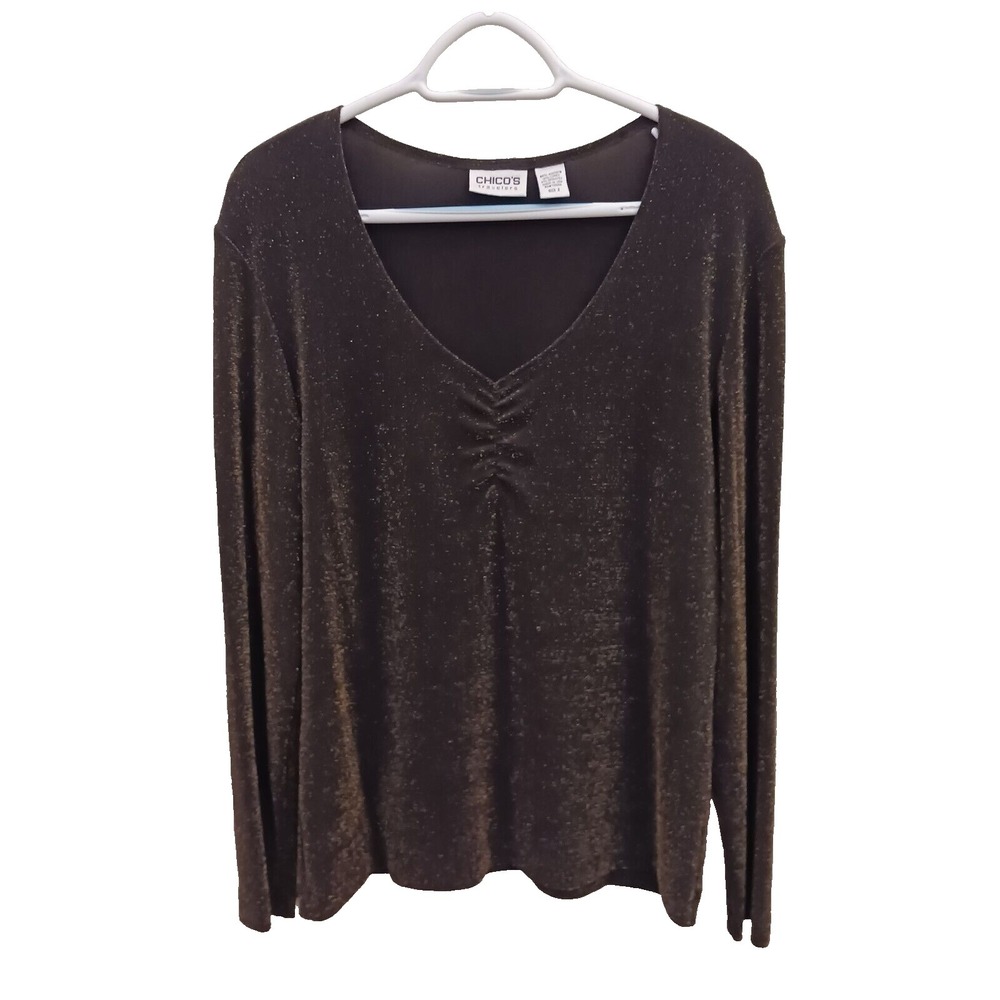 Chico's Top Black Gold Metallic Glitter‎ Stretch Party V Neck Size 2 Large